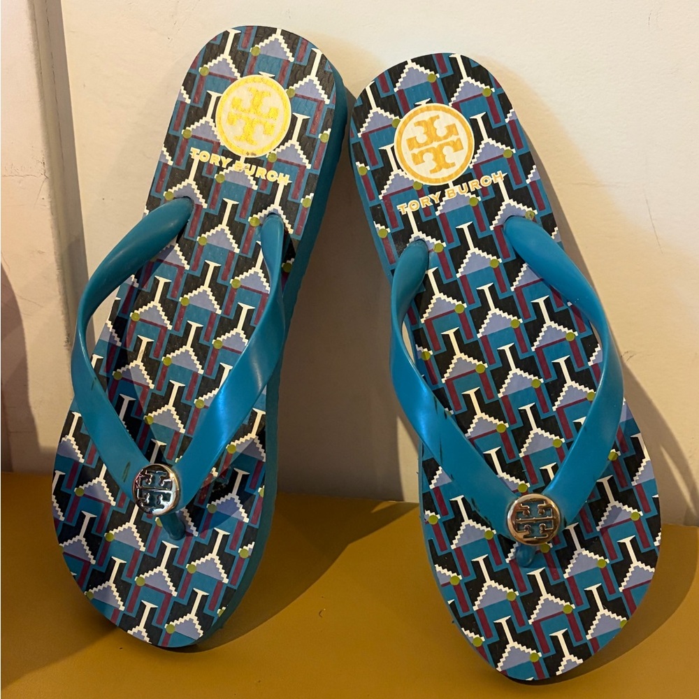 Authentic Tory Burch Teal and Multicolor Patterned Sandals